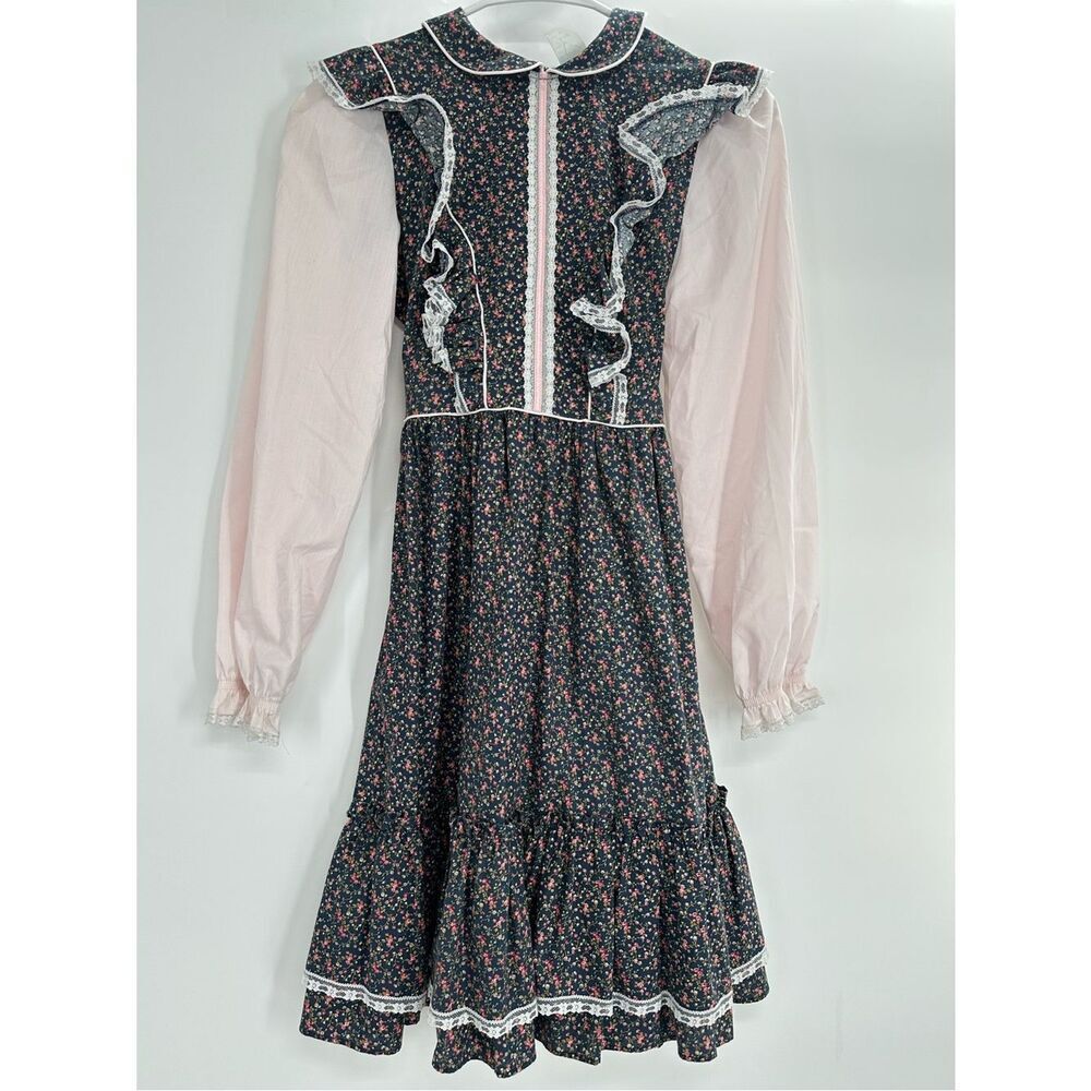 Vintage Girls Bryan Prairie Floral Lace Ruffle Dress Size 12 USA Made